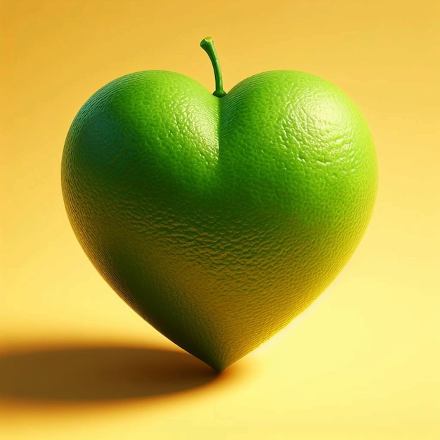 A whole heartshaped green lime fruit with stem attached placed at an angle on a solid yellow