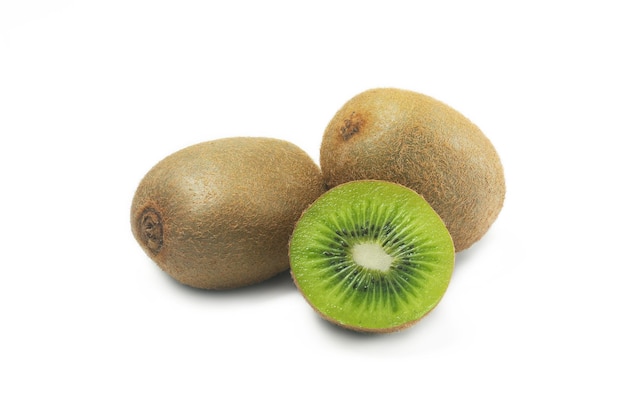 Whole kiwi fruit and half kiwi fruit on white