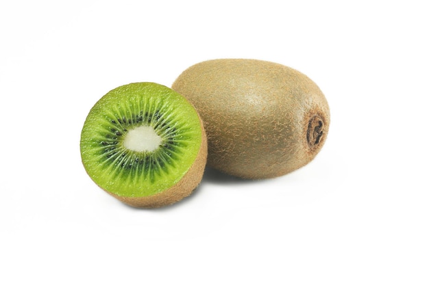 Whole kiwi fruit and half kiwi fruit on white