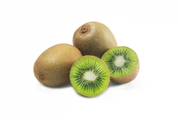 Whole kiwi fruit and half kiwi fruit on white