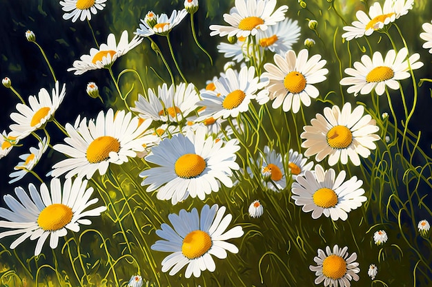 Whole large glade of flowering bright chamomile with snowwhite petals