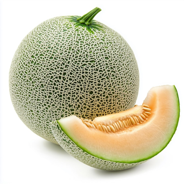 A whole melon sits on a bright white background