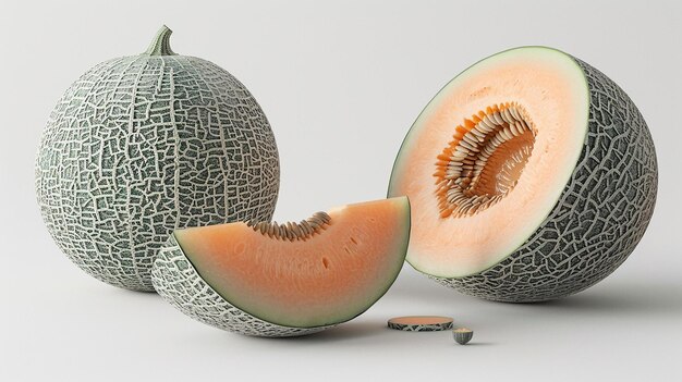 Whole Melon and Two Slices of Cantaloupe on White Background