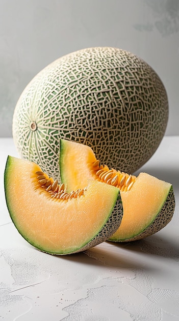 Whole Melon and Two Slices of Cantaloupe on White Background