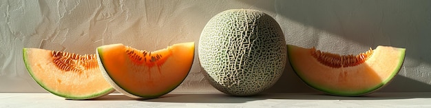 Photo whole melon and two slices of cantaloupe on white background