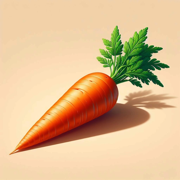 A whole oblong orange carrot vegetable poised at an angle with leafy green tops