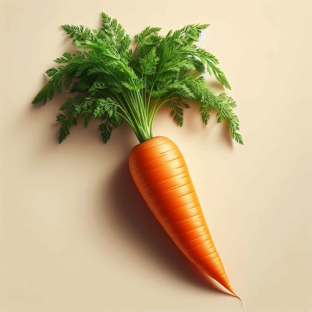 A whole oblong orange carrot vegetable poised at an angle with leafy green tops