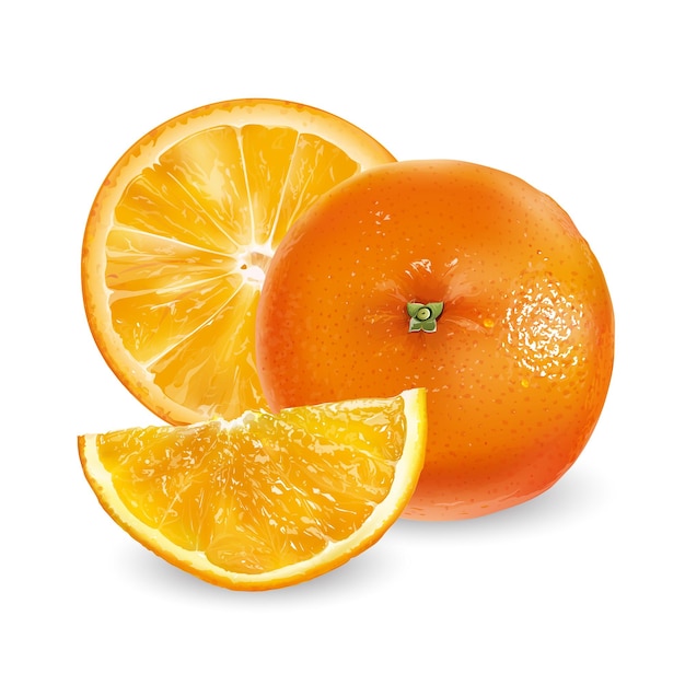 Whole orange and orange slices on a white background