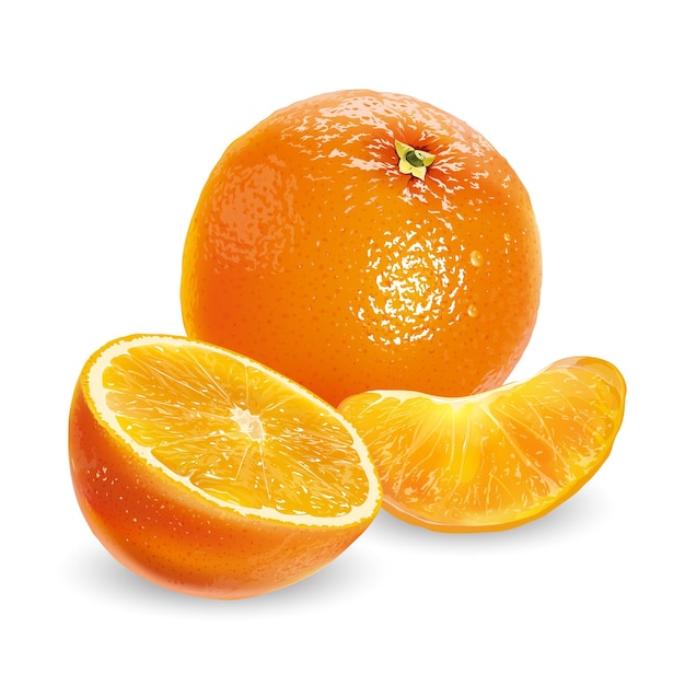 A whole orange with a half and a peeled slice on a white background