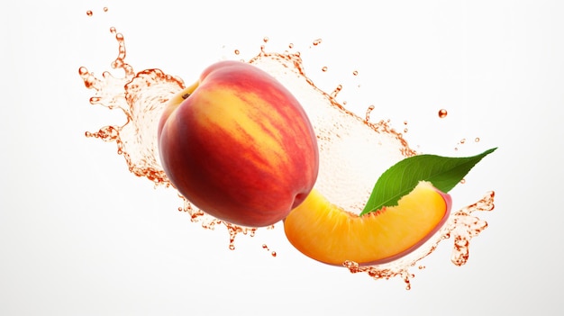 Whole peach flying with a slice on white background