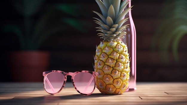 Whole pineapple with leaves and pink sunglasses on the wooden table generative ai