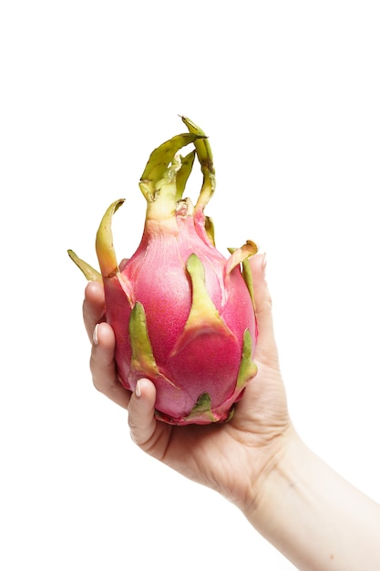 Whole Pitaya (pitahaya) or Dragon fruit and cut into half piece are isolated on white background.