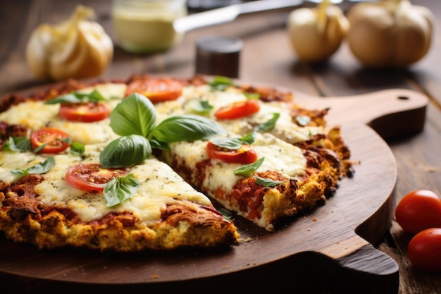 A whole pizza with cauliflower crust on a wooden table