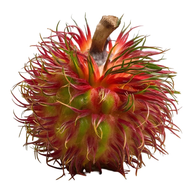 Whole rambutan with a hairy red and green exterior isolated on white background