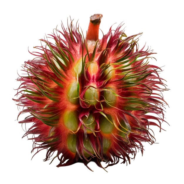 Whole rambutan with a hairy red and green exterior isolated on white background