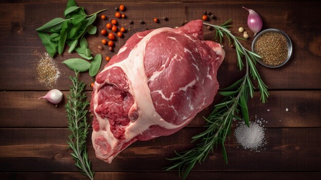 Whole Raw lamb shoulder leg meat with garlic mint