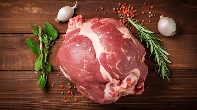 Whole Raw lamb shoulder leg meat with garlic mint