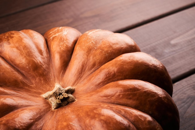 Whole ripe orange pumpkin close up wooden background