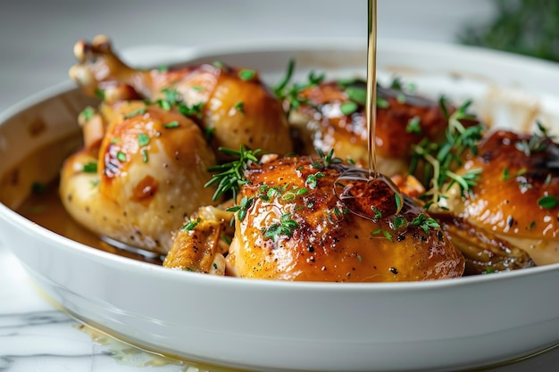 Whole roasted chicken garnished with fresh herbs sitting on a white ceramic plate