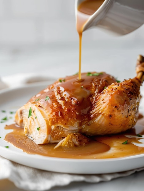 Photo whole roasted chicken garnished with fresh herbs sitting on a white ceramic plate