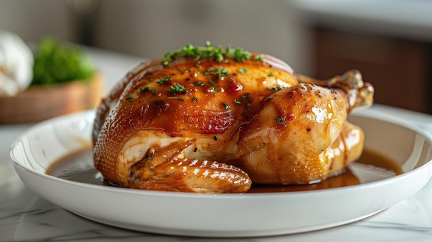 Whole roasted chicken garnished with fresh herbs sitting on a white ceramic plate