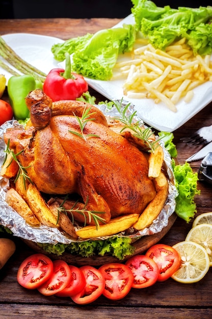 Whole roasted chicken with french fries and vegetables on table background