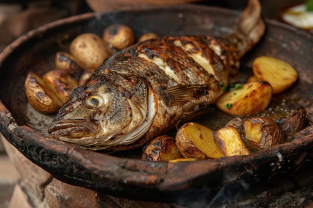 Photo whole roasted fish with potatoes and fresh herbs served in rustic clay dish hearty gourmet seafood