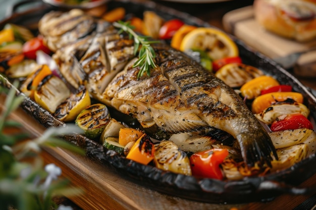 Whole Roasted Fish with Roasted Vegetables on Platter Gourmet Meal Presentation Elegant Dinner