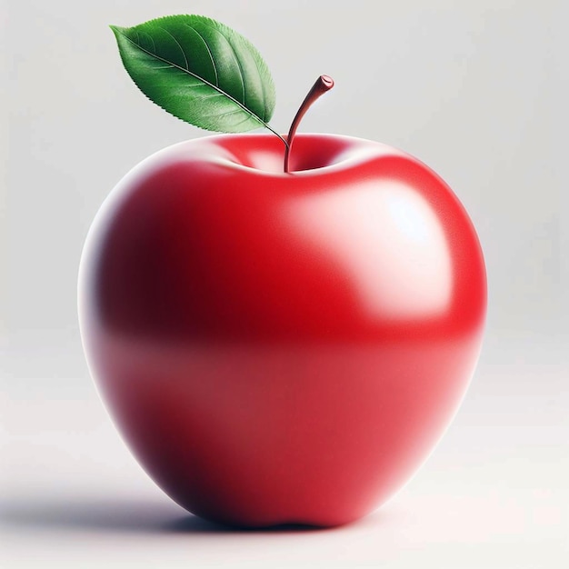 A whole rounded red apple standing upright with stem and leaf intact against a solid background