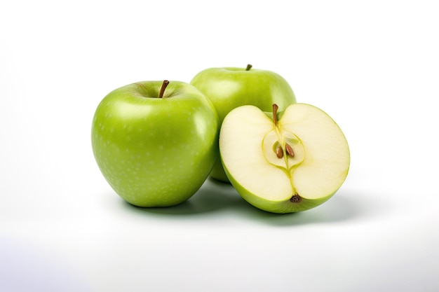 Whole and slice green apples isolated on white background