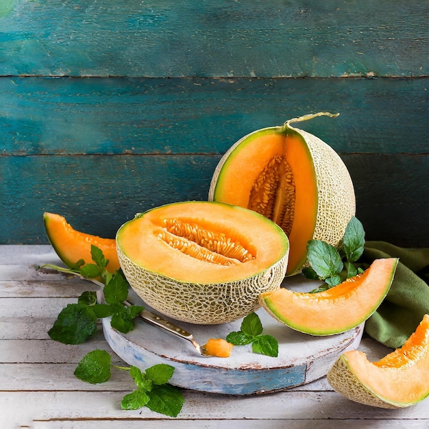 Photo whole and slice of japanese melons orange melon or cantaloupe melon with seeds isolated on white background