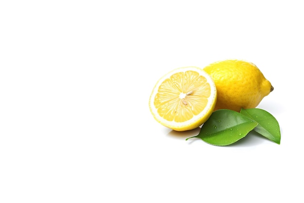 Whole and slice lemon with leaves isolated on white background with copy space