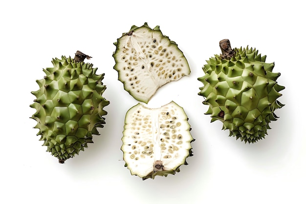 Whole and Sliced Green Spiny Fruits on White Background