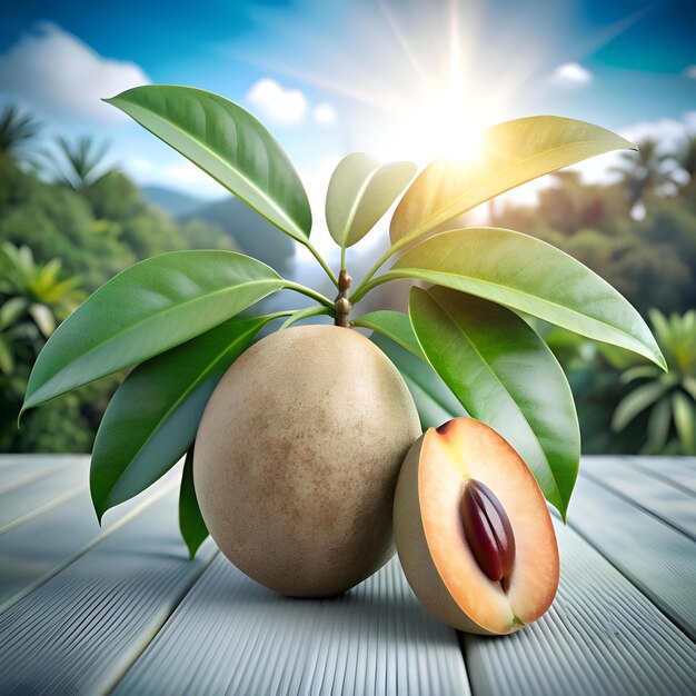 A whole and a sliced Sapodilla fruit with green leaves on a wooden table