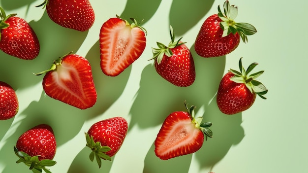 Whole and Sliced Strawberries Artfully Arranged on Green