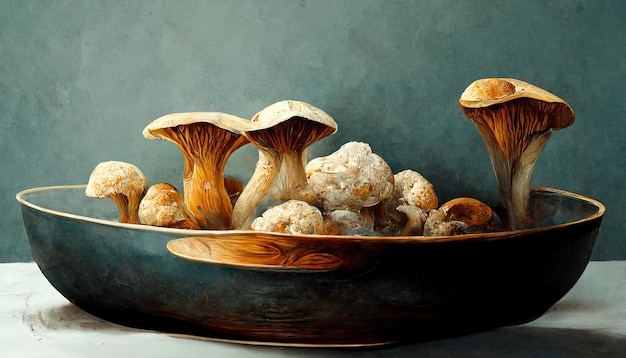 Whole small fresh white champignon mushrooms in wooden bowl isolated on white Generative Ai