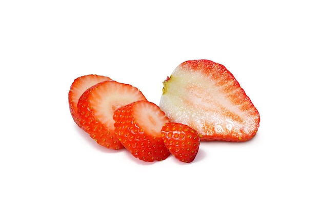 whole strawberry halved strawberries side view on a white background