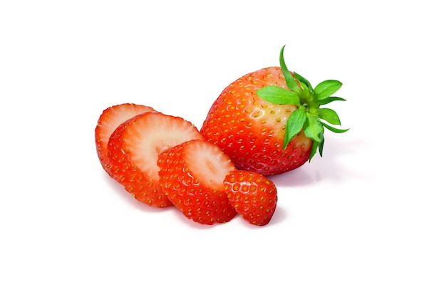 whole strawberry halved strawberries side view on a white background