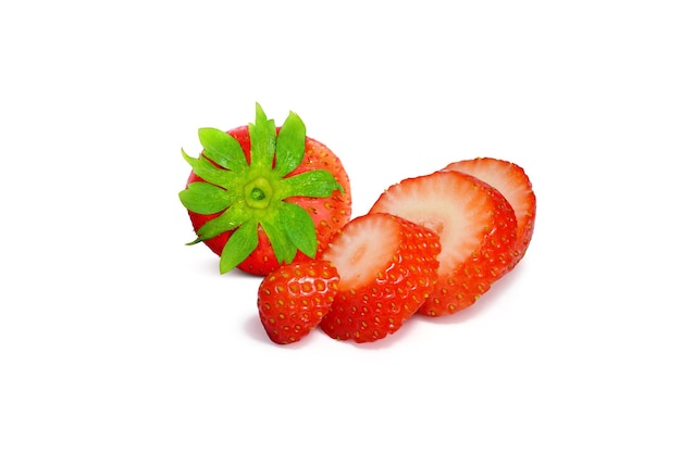 whole strawberry halved strawberries side view on a white background