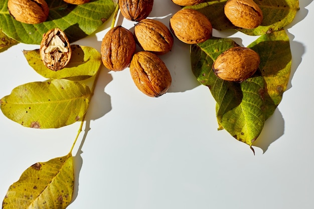 Whole walnut with leaves clipping path on white background