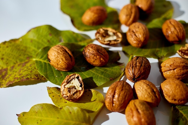 Whole walnut with leaves clipping path on white background