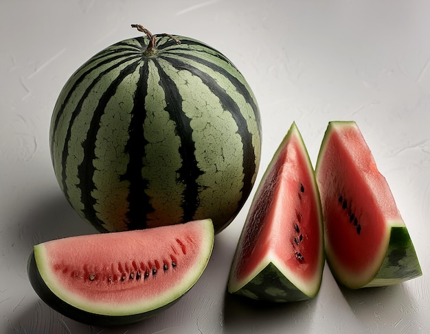 a whole watermelon and a few slices isolated on white background top of views