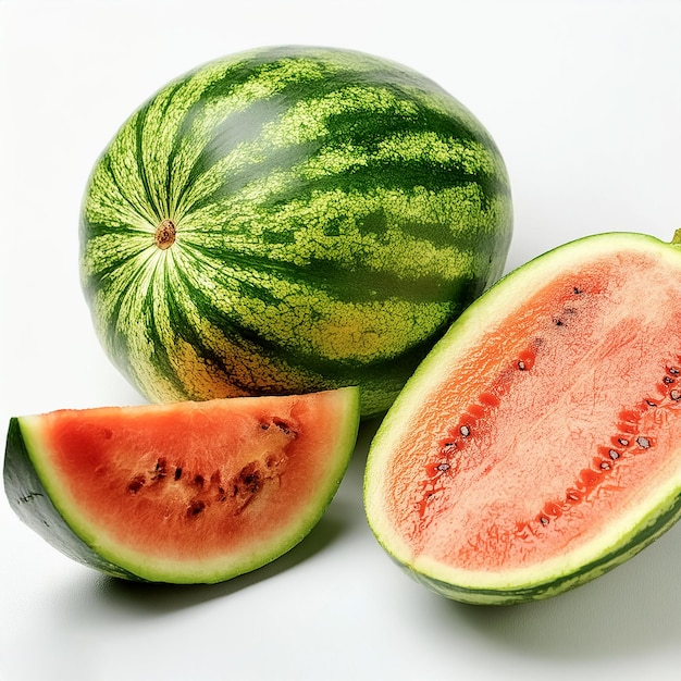 a whole watermelon and a few slices isolated on white background top of views