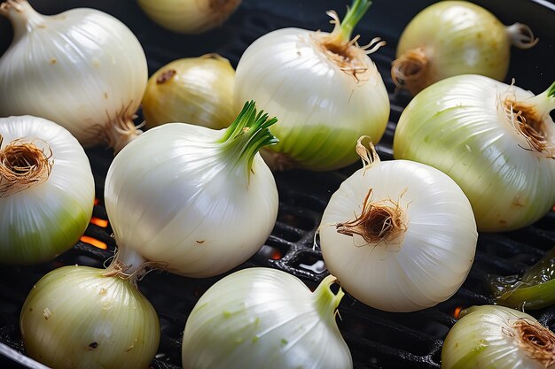 Photo whole white onions grilled with a gloss of olive oil on them