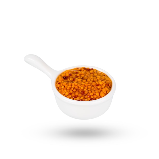 Wholegrain mustard in bowl isolated on white background