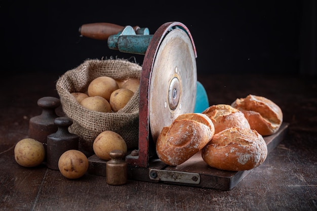 Wholegrains and healthy potato buns in rustic cellar