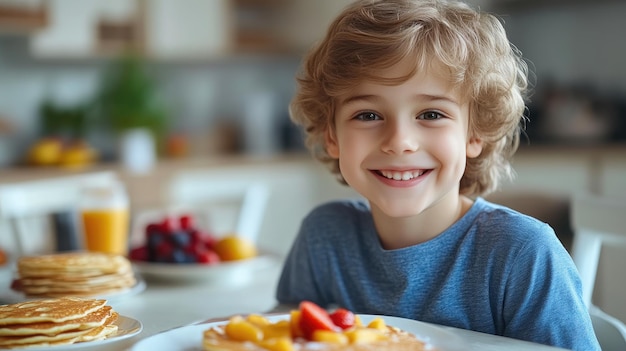 Photo wholesome breakfast boy savors pancakes with fresh fruit