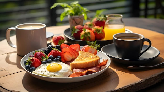 Photo wholesome breakfast spread scrambled eggs bacon toast coffee fresh fruits and juice