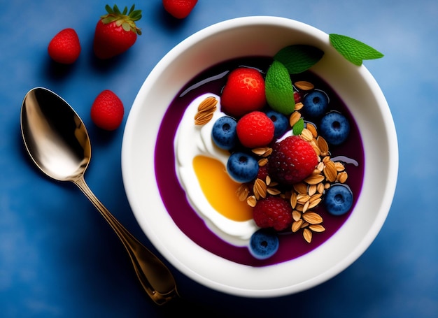 Wholesome Breakfast with Granola Yogurt Nuts and a Medley of Fresh Fruits Ai Generated Art Work