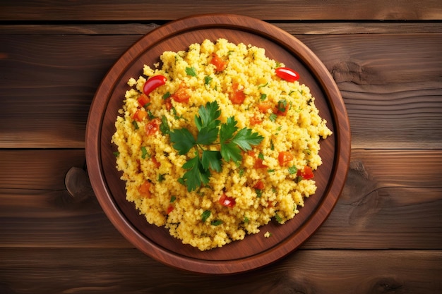 Wholesome cousocus meal from Brazil Traditional corn and veggie porridge on a wooden surface